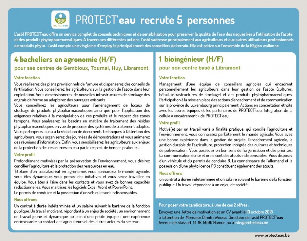 PROTECT'eau recherche 4 bacherliers en agronomie et 1 bioingénieur