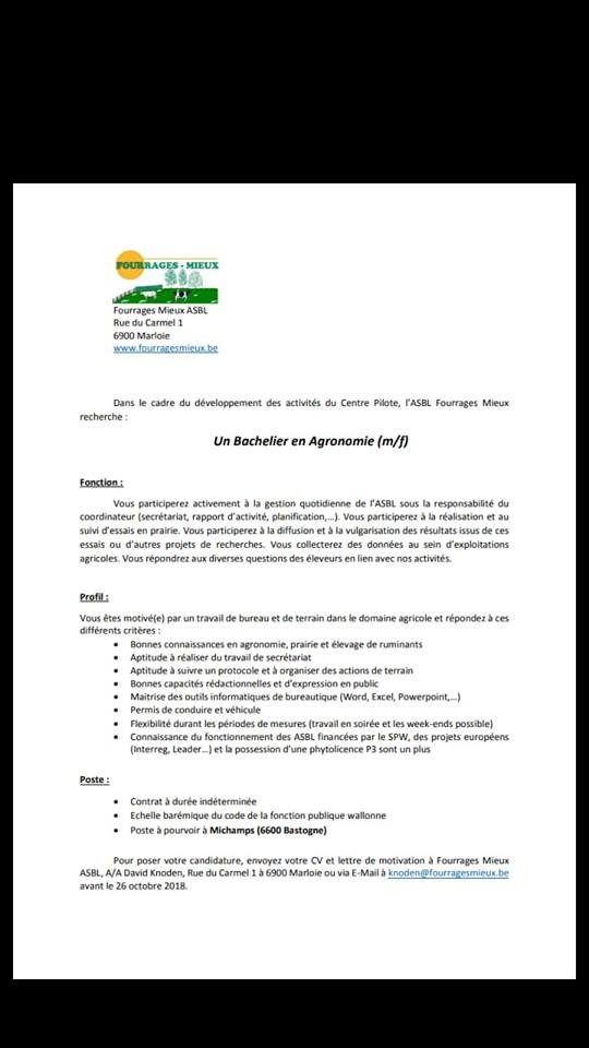 Fourrages Mieux recherche un BACHELIER EN AGRONOMIE pour le site de Michamps (H/F).