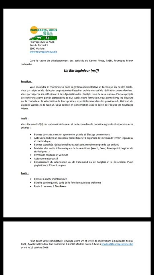 Fourrages Mieux recherche un bio-ingénieur pour le site de Gembloux