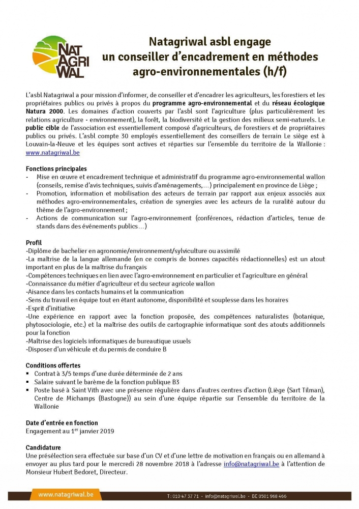 Natagriwal Asbl engage un conseiller d'encadrement en méthodes agro-environnementales