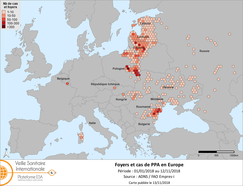 Carte de densité des foyers de peste porcine africaine en Europe (2018)