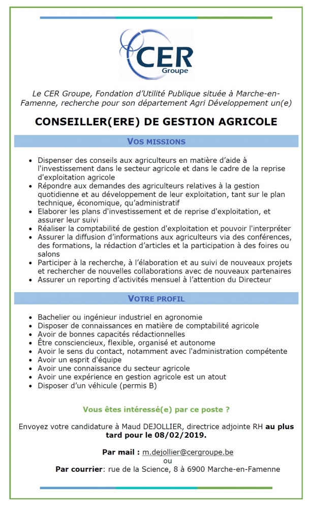 Le CER Groupe recherche activement un(e) Conseiller(-ère) agricole pour sa BU Agri-développement.