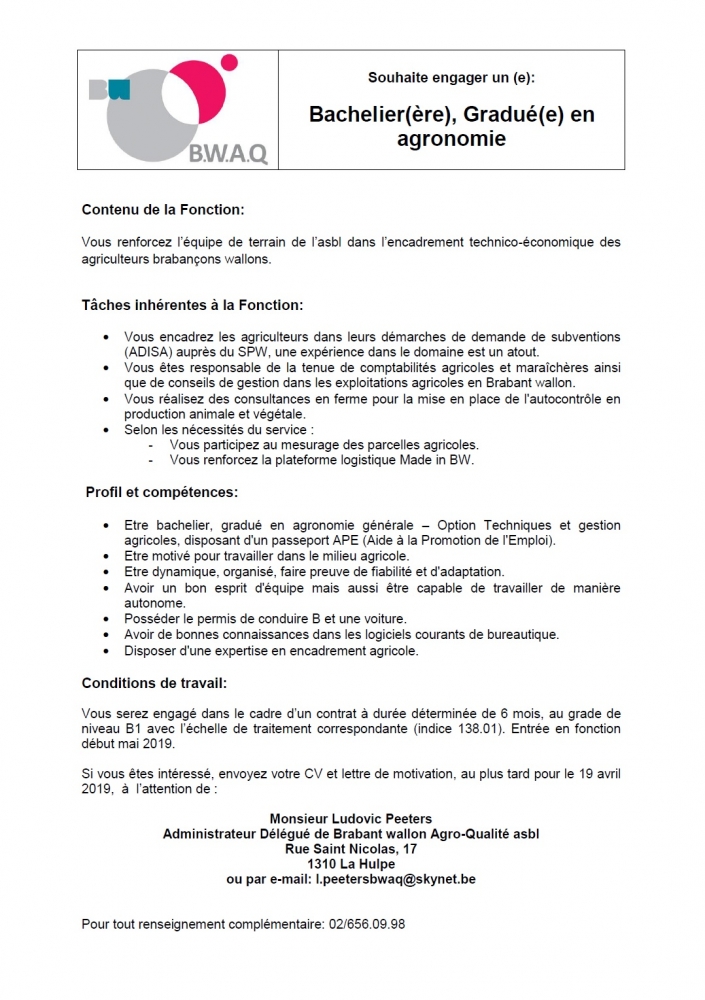 Brabant wallon Agro-Qualité asbl souhaite engager un (e) Bachelier(ère), Gradué(e) en agronomie