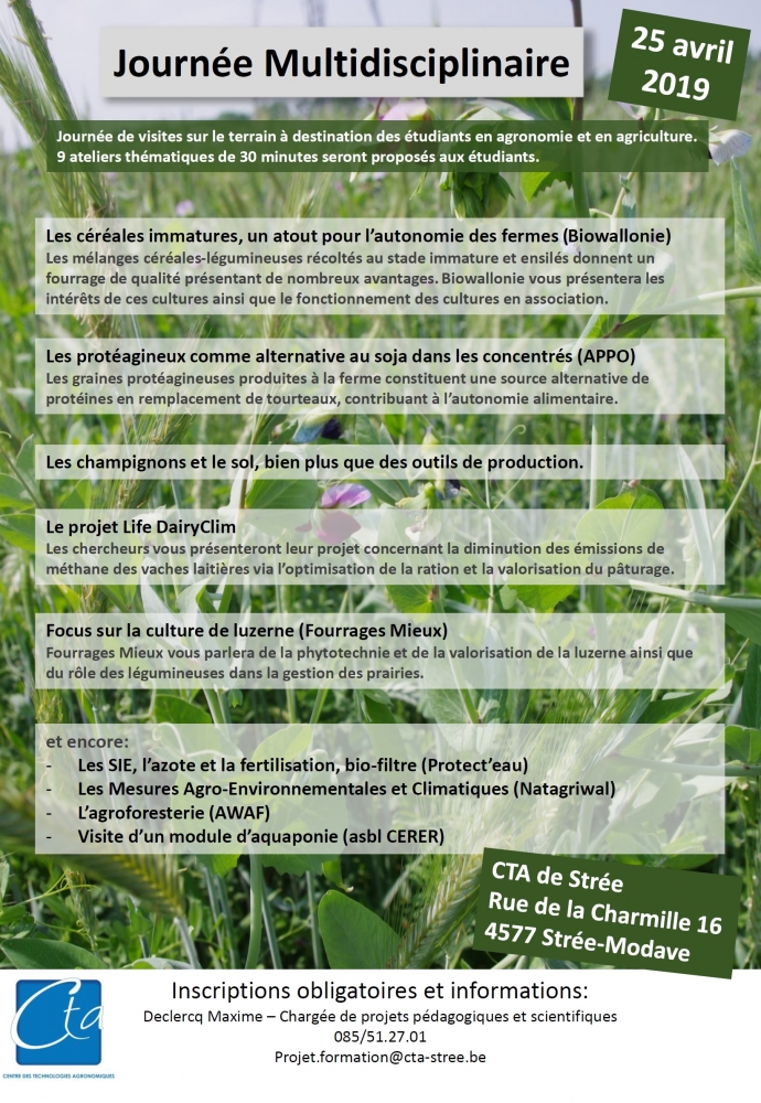 4ème Journée multidisciplinaire le 25 AVRIL 2019 au Centre des Technologies Agronomiques de Strée (CTA).
