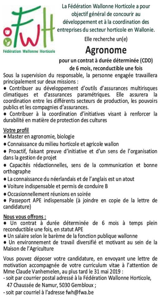 La Fédération wallonne horticole recherche un(e) agronome pour un CDD de six mois reconductible