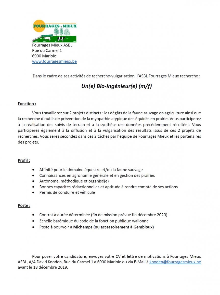 Fourrages Mieux recherche un(e) BIO-INGENIEUR(e) (m/f)