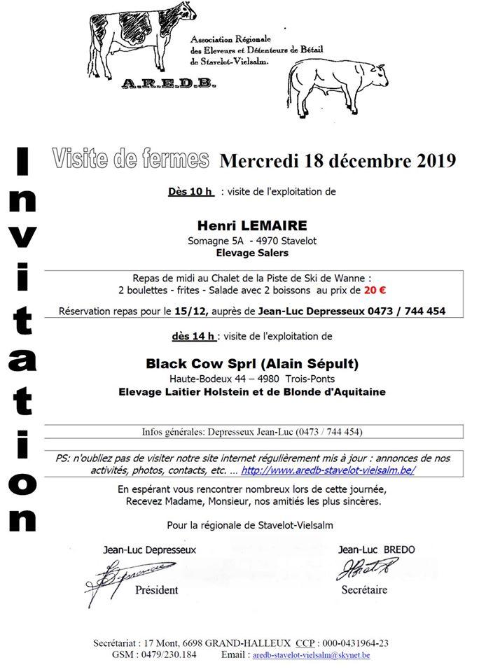 Visite de deux fermes le mercredi 18 décembre 2019, à 10h chez Henri Lemaire à Somagne (Stavelot) et à 14h chez Black Cow sprl à Haute-Bodeux (Trois-Ponts).