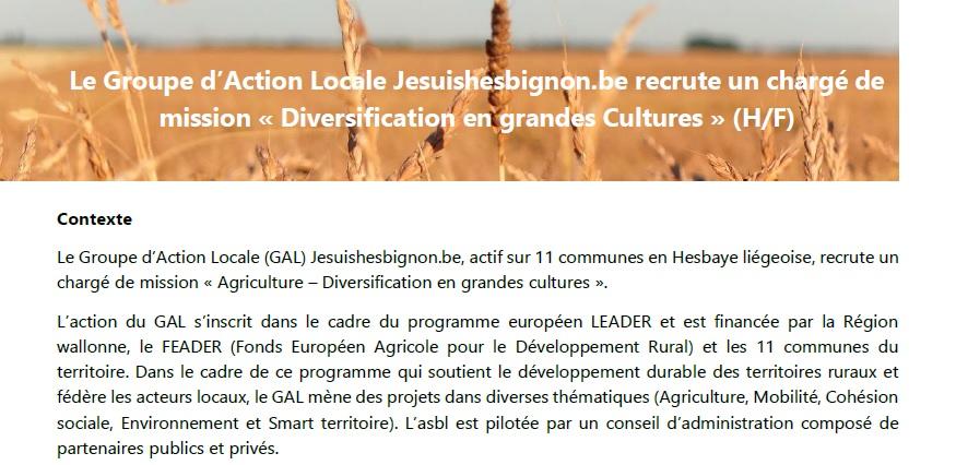 Le Groupe d’Action Locale Jesuishesbignon.be recrute un chargé de mission « Diversification en grandes cultures » (H/F)