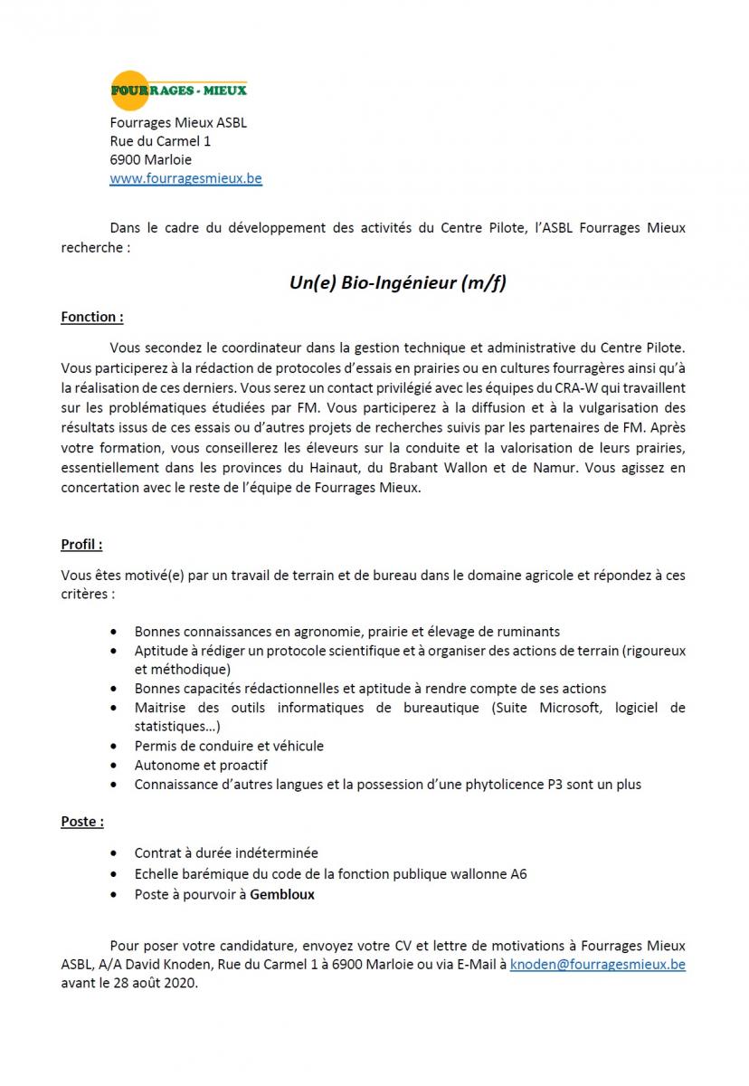 Fourrages Mieux recherche un(e) BIO-INGENIEUR(e)