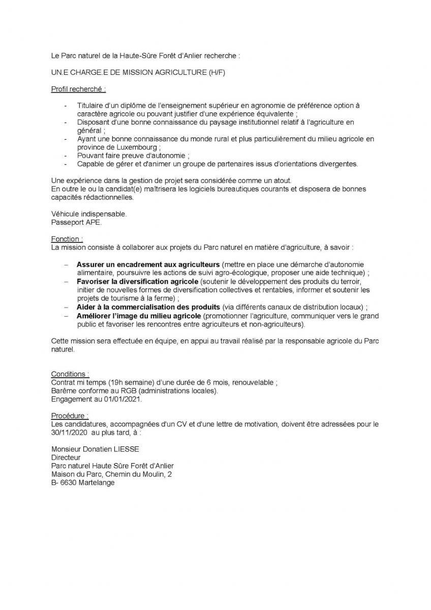 Le Parc naturel de la Haute-Sûre Forêt d’Anlier recherche UN.E CHARGE.E DE MISSION AGRICULTURE (H/F)