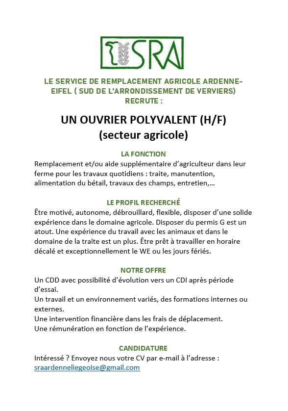 Ouvrier polyvalent pour le SRA Ardenne-Eifel