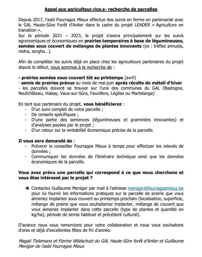 Fourrages Mieux recherche de nouvelles parcelles de prairies semées sous couvert en 2022