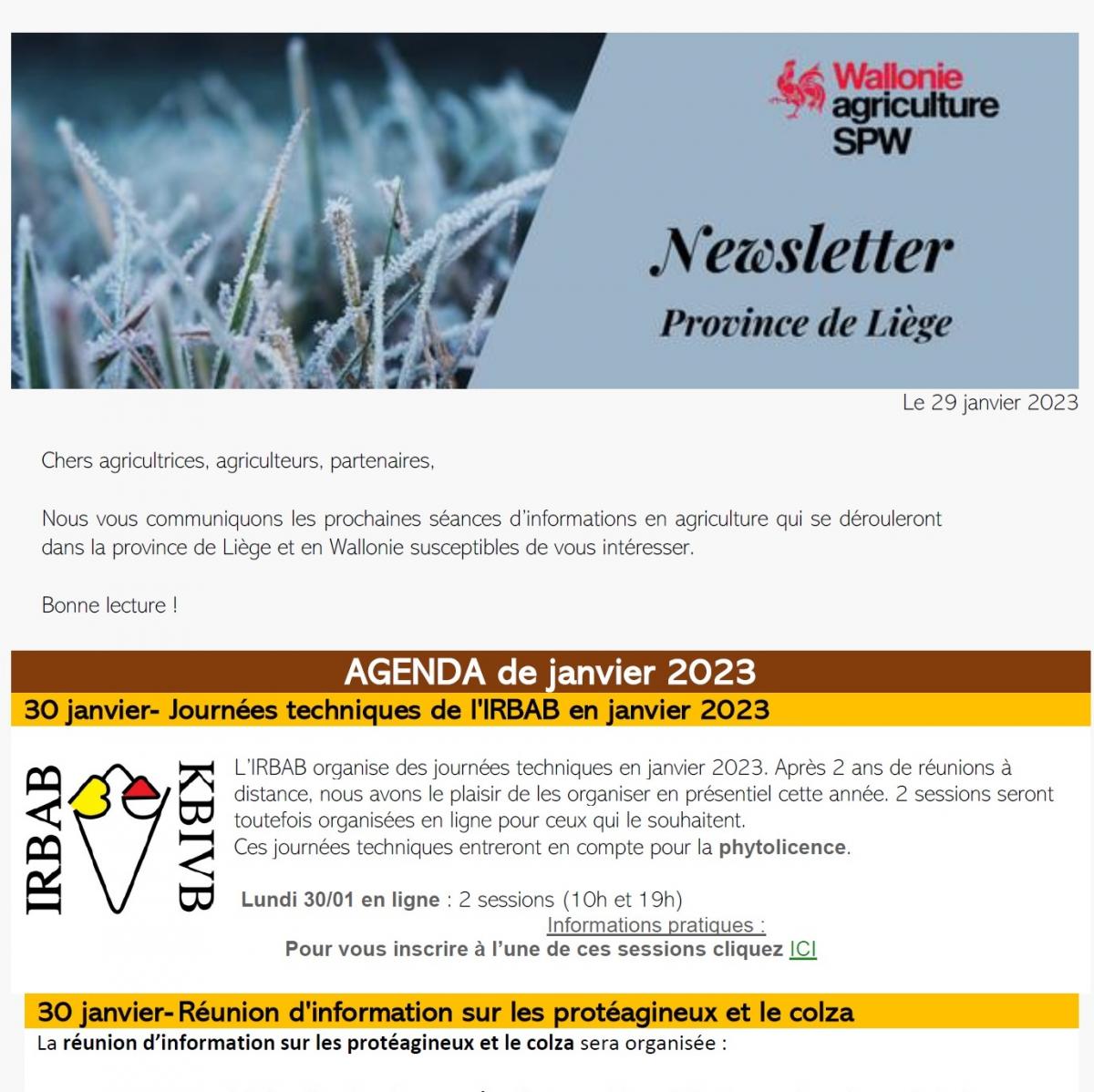 Newsletter SPW Agriculture en province de Liège du 29-01-23
