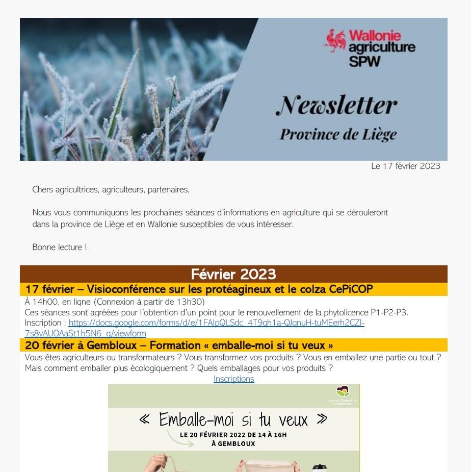 Newsletter SPW Agriculture en province de Liège du 17-02-23