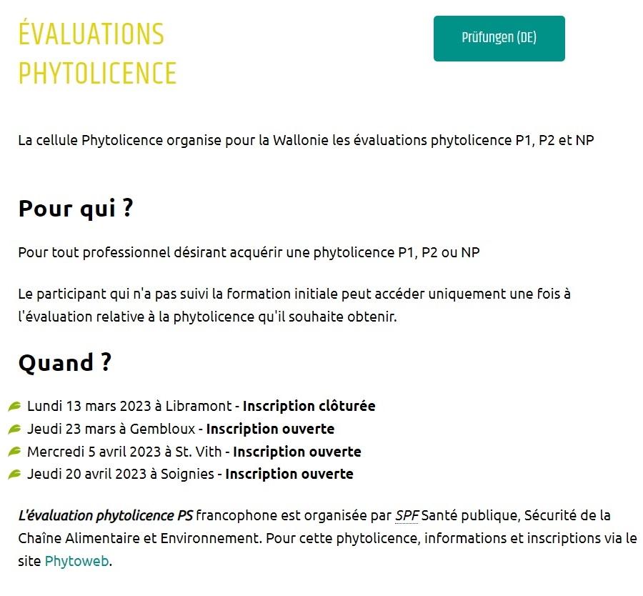 Evaluations phytolicence P1, P2 et NP