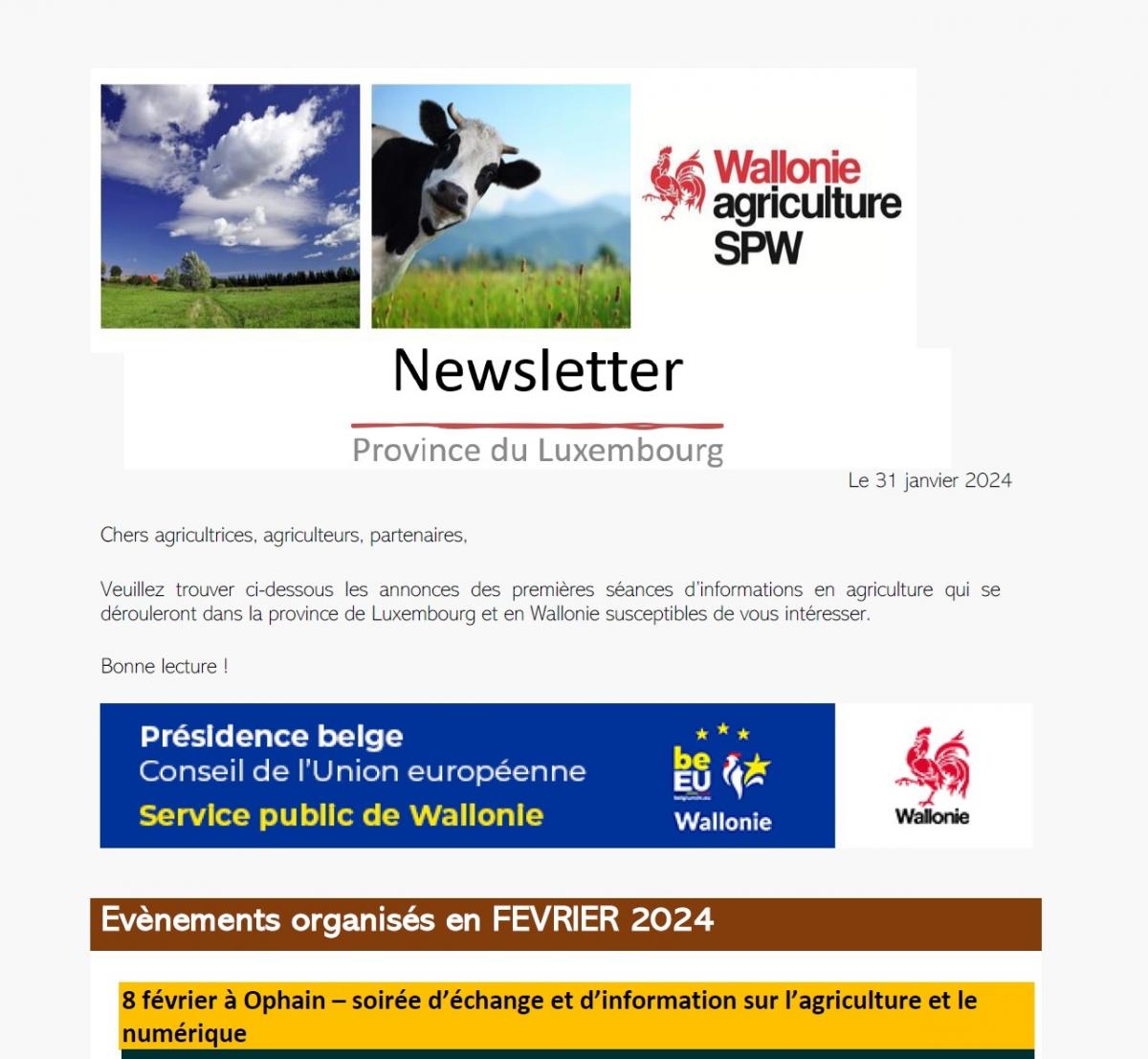 Newsletter SPW Agriculture en province du Luxembourg du 31-01-24