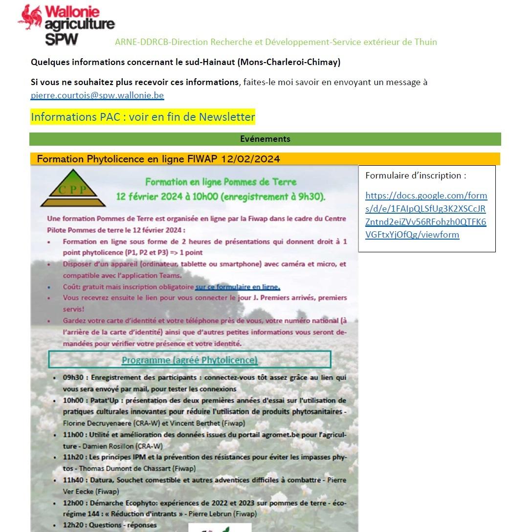 Newsletter SPW Agriculture du sud-Hainaut du 09-02-24