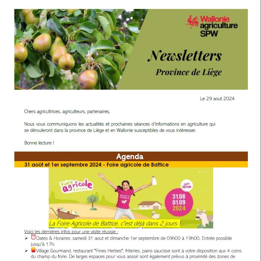 Newsletter SPW Agriculture en province de Liège du 29-08-24