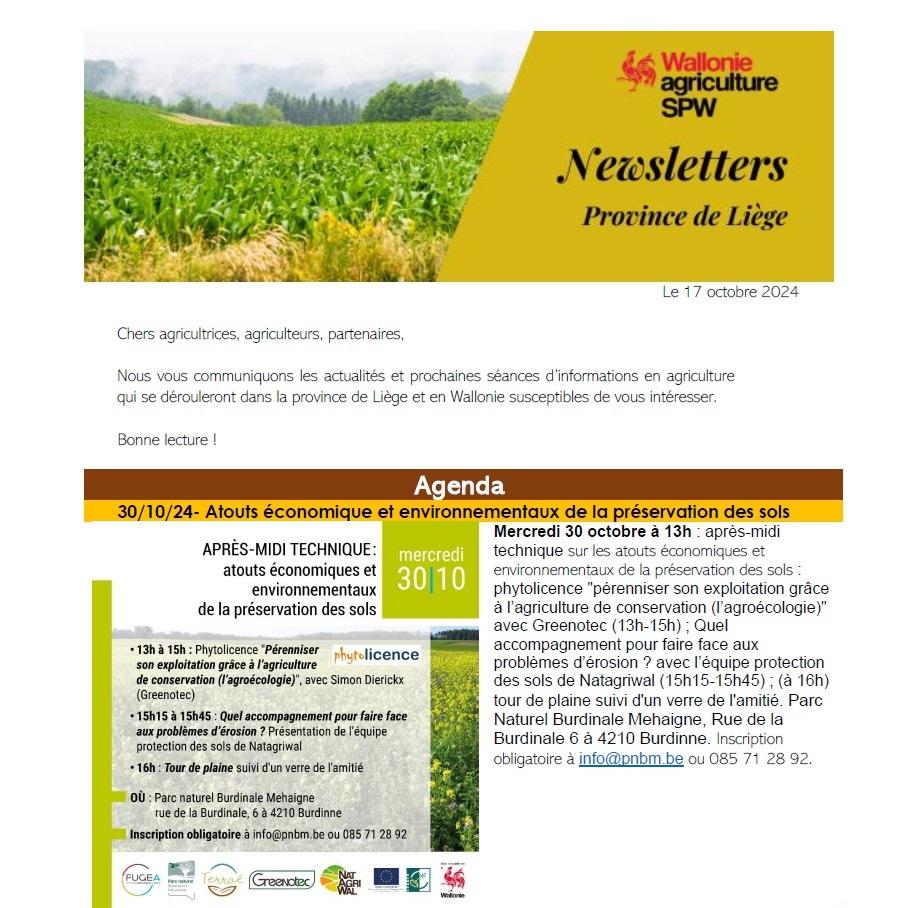 Newsletter SPW Agriculture en province de Liège du 17-10-24