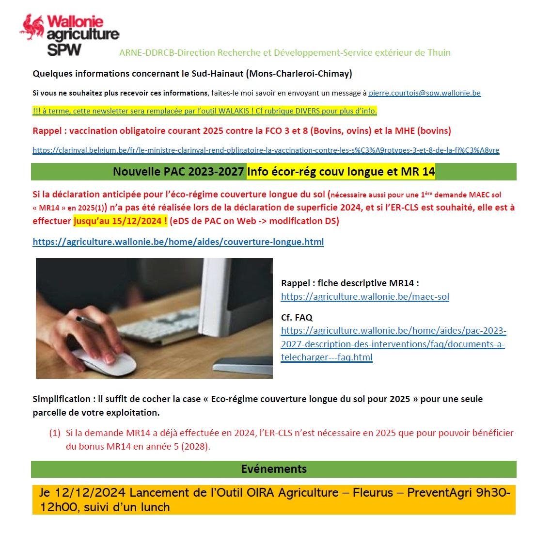 Newsletter SPW Agriculture du sud-Hainaut du 10-12-24