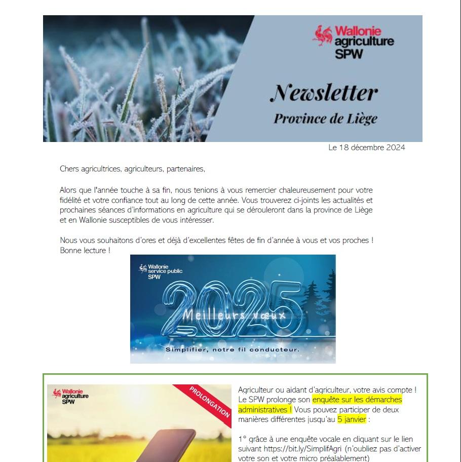 Newsletter SPW Agriculture en province de Liège du 18-12-24
