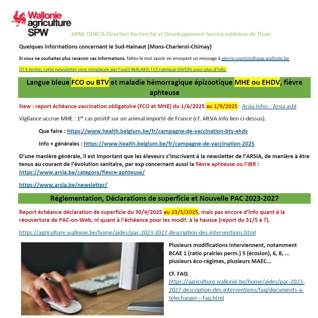 Newsletter du SPW-ARNE-DDRCB-DRD Thuin du 15-05-25
