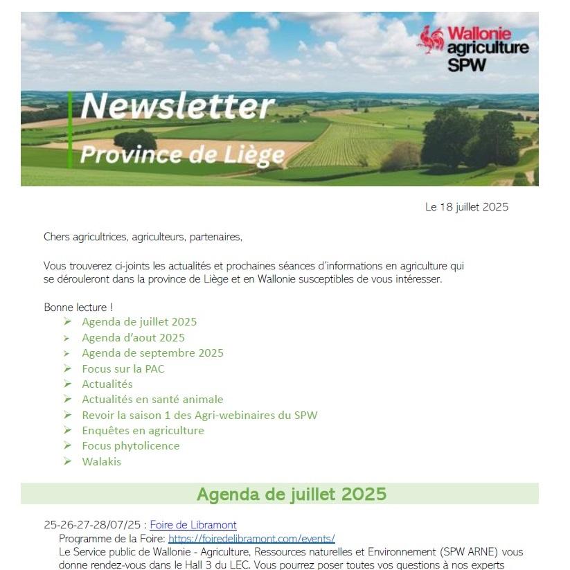 Newsletter du SPW Agriculture en province de Liège du 18-07-25