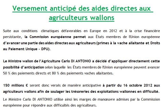Versement anticipé des aides directes aux agriculteurs wallons