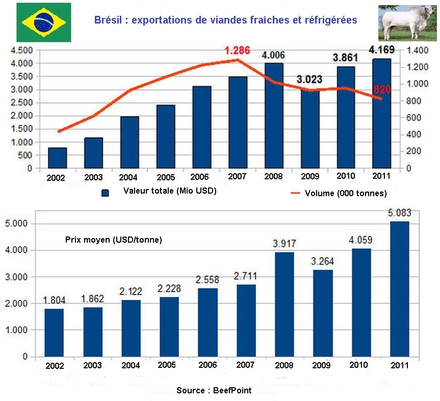 Brésil : exportations de viande bovine