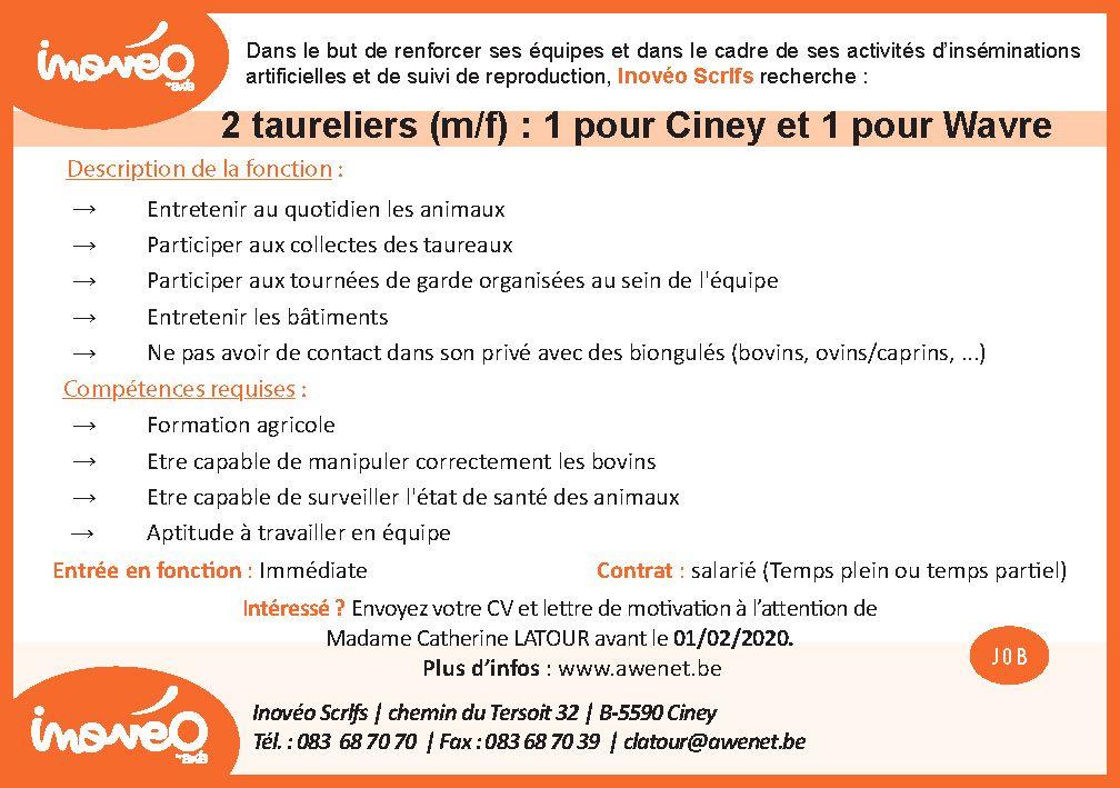 JOBS - Inovéo recherche 1 taurelier pour Ciney et 1 taurelier pour Wavre